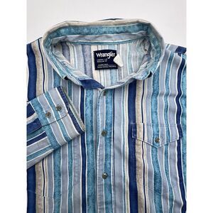 VTG Wrangler X Long Tails Button Shirt Mens 17.5-36‎ Blue Striped Cowboy Rodeo